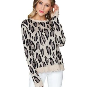 FATE WILD THOUGHTS SWEATER Distressed Taupe Leopard raw hem top boxy SZ SM
